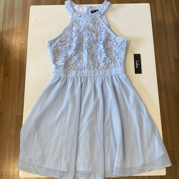 NWT Lulu’s Lover’s Game Light Blue Lace Skater Dress Small - Picture 6 of 12